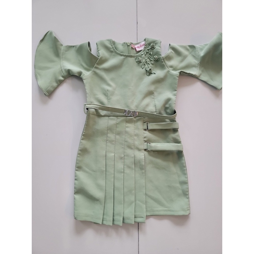 My‎ Baby Girls Sage Green Cold Shoulder Floral Applique Pleated Dress Size 50cm